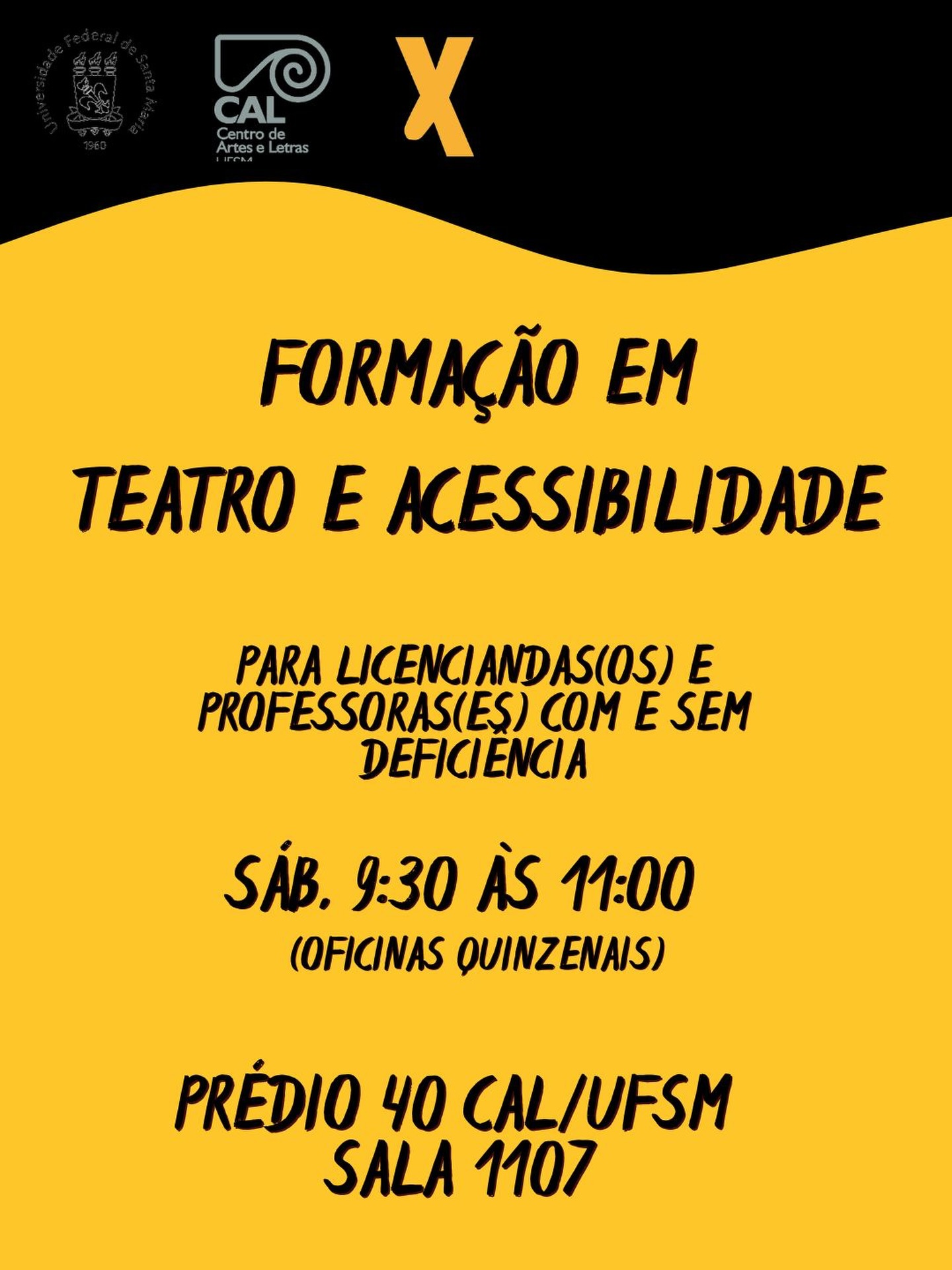 O Teatro Flexível torna público as Oficinas formativas em Teatro e Acessibilidade, para pessoas com e sem deficiência: estudantes de licenciatura, pós-graduação, professoras/es, artistas e interessades.  A proposta pretende estimular reflexões sobre o capacitismo nas artes, indicar possibilidades para ampliar o acesso e a experiência no campo teatral. As oficinas serão ministradas pela bolsista @vanessa.o.p.s. 
 
Descrição da imagem:
Cartaz nas cores preto e amarelo. No topo, ao lado esquerdo, 3 logotipos, Universidade federal de Santa Maria, Centro de artes e letras e teatro flexível. Título: Formação em teatro e acessibilidade, subtítulo: para licenciandas e professoras  com e sem deficiência, horários quinzenais no sábado das nove e meia da manhã até às onze horas, Local: Prédio 40 CAL, na Universidade Federal de Santa Maria, sala 1107. Fim da descrição.

Sobre os encontros: 
Os encontros serão quinzenais, realizados no prédio 40 CAL da UFSM, sendo os encontros teóricos na sala 1104, e os encontros práticos na sala 1107, das 9:30 ás 11:00 . As oficinas propõem o contato com conceitos, práticas e reflexões sobre acessibilidade no teatro. Os materiais didáticos utilizados serão compartilhados com as e os participantes, bem como emissão de certificado ao final da formação. Para emissão do certificado será utilizado lista de presença. 
Entrar em contato via email:vanessa.peixoto@acad.ufsm.br 
Grupo do WhatsApp: https://chat.whatsapp.com/Bdz65HqdtmR04jPETTJ3Jg?mode=gi_t 

Datas dos encontros:
28/03
11/04
25/04
09/05
23/05
06/06
20/06
04/07
#pracegover #paratodosverem 
Descrição por: @_henrique_trentin
